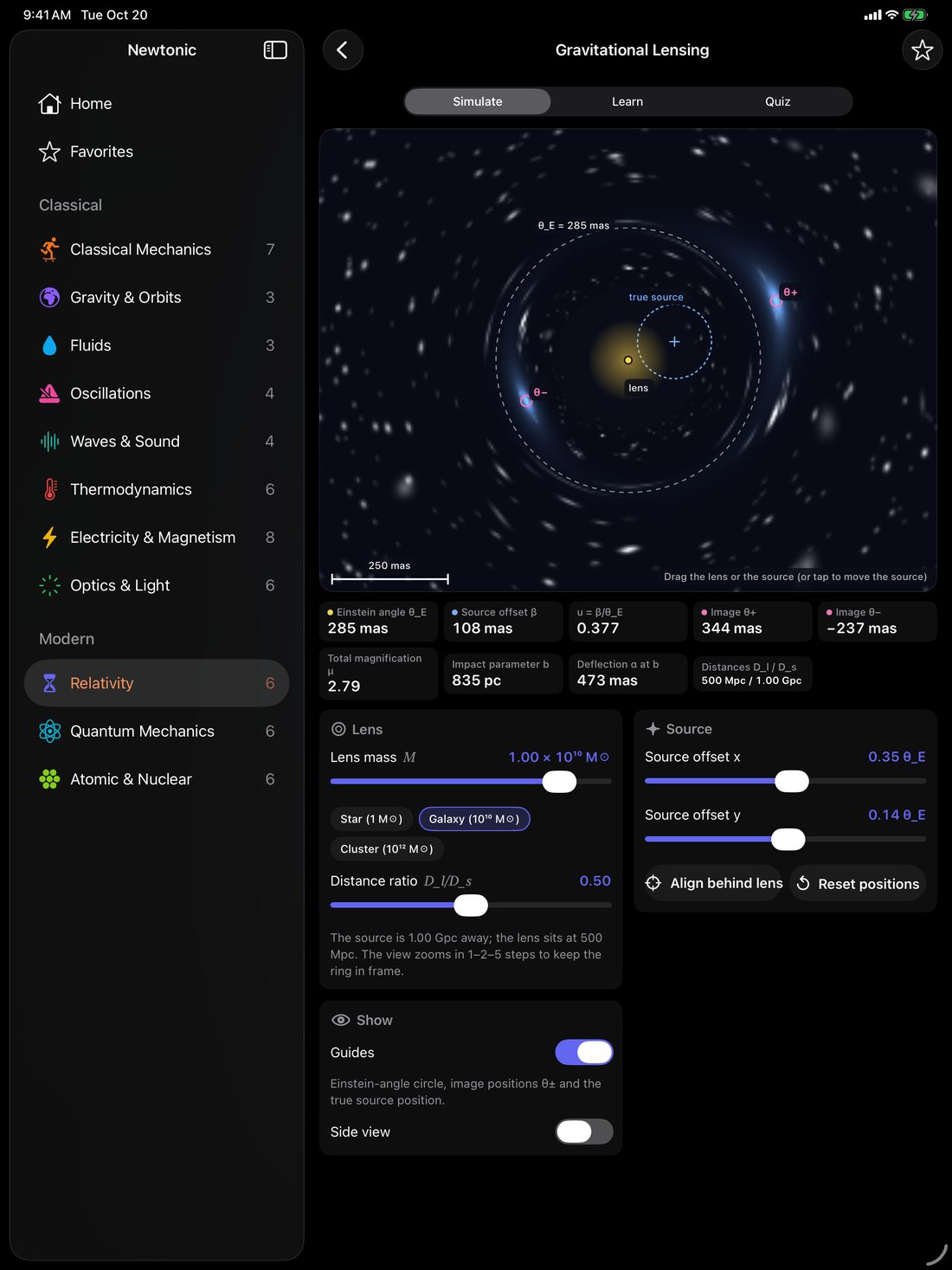 Newtonic on iPad: the gravitational lensing simulation, with an Einstein ring around a galaxy, readouts and controls beside it, and the list of fields in the sidebar.
